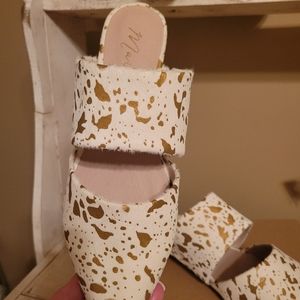 Matisse Footwear Gold and Winter White low pile fur mules